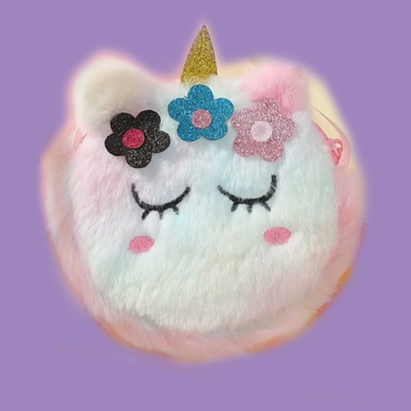 Round Unicorn Bag / Coin Purse Plush Wallet Cute Shoulder Bag - 5" Diameter -NWT - Picture 2 of 4